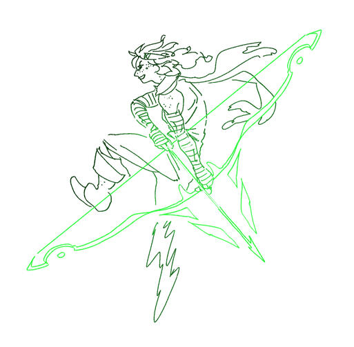 A sketch of Joan jumping with a green light bow